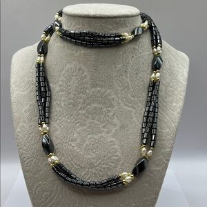 Vintage Hematite Rice Pearl Beaded Station Necklace 28 in Infinity Necklace